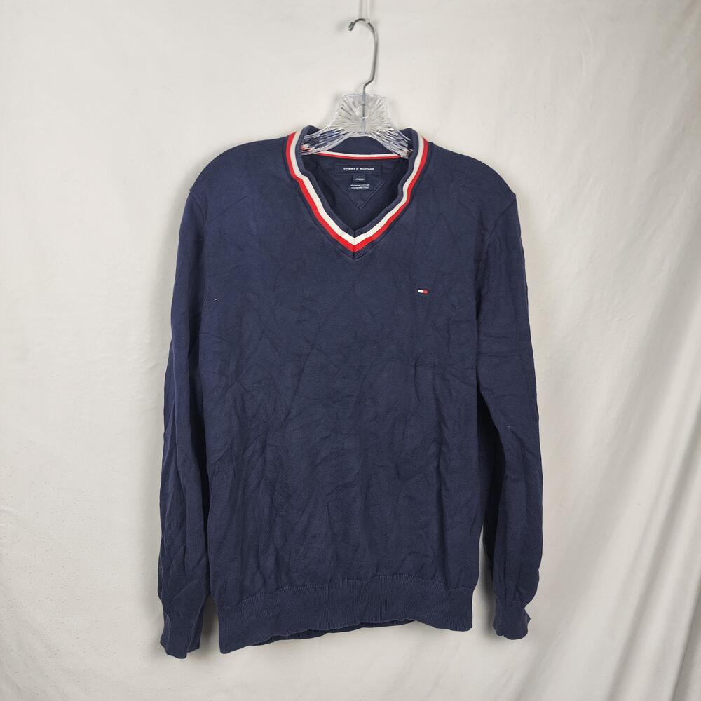 Tommy Hilfiger Sweater Mens Medium Blue V Neck Stripe Trim Pullover Knit Logo